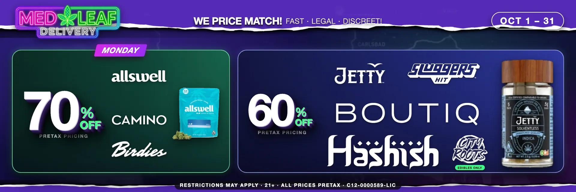 Every Monday cannabis deal - 70% off premium products including Allswell, Camino, Birdies, Jetty, Sluggers Hit, Boutiq, Hashish, City Roots
